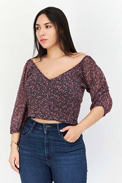 1 State Women V-neck Puff Sleeves Floral Print Blouse, Purple