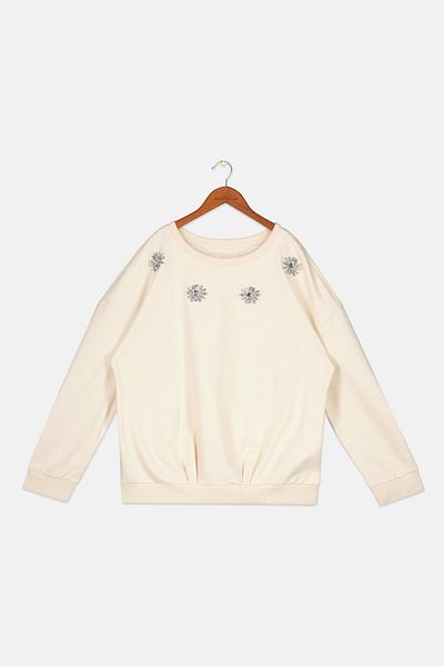 Tchibo Kids Girl Round Neck Long Sleeves Embellished Sweatshirt, Beige