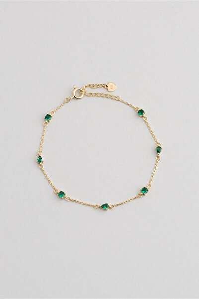 So CHIC... Zümrüt Esintisi 18 Ayar Sarı Altın Kaplama 19 Cm Gümüş Minimal Bileklik