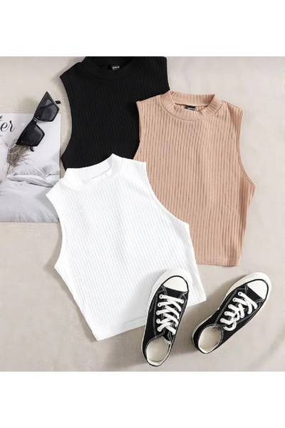 Lorya Giyim 3'lü paket %100 Pamuklu Fitilli Kaşkorse Örme Crop Bluz Atlet