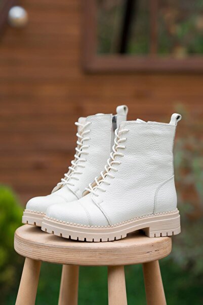 Parponi Roy Bağcıklı Kadın Hakiki Deri Postal Ekru