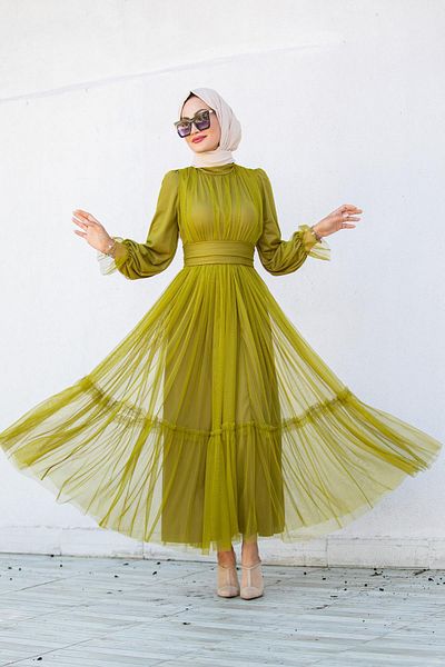 Tesettür Çarşım Pery Tulle Special Occasion Dress - Oliv