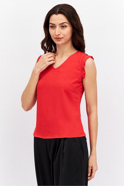 Mode Women V Neck Cap Sleeve Plain Top, Red