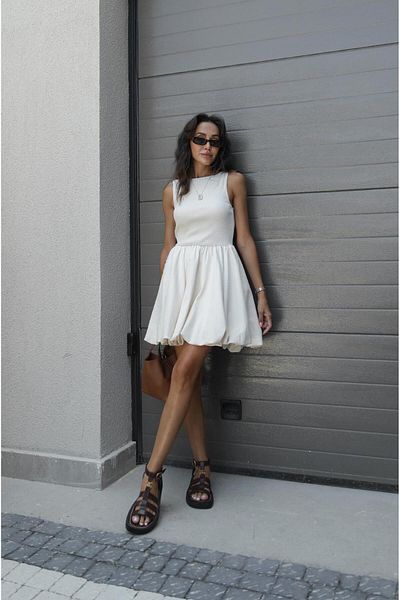 Havoş Beige Thick Strap Dress with Balloon Skirt