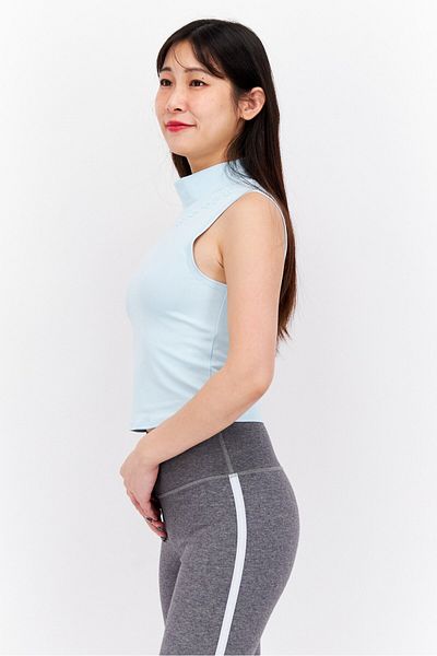 Tribe of 6 Women High Neck Sleeveless Embroidered Logo Tank Top, Light Blue