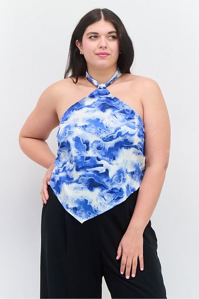 Royalty By Maluma Women Halter Neck Sleeveless Abstract Print Satin Top, Blue Combo