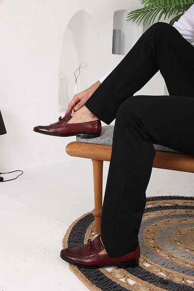 CassidoShoes Genuine Leather Tassel Detailed Neolite Sole Claret Red Float Belt Gift Classic Men's Shoes 023-4041