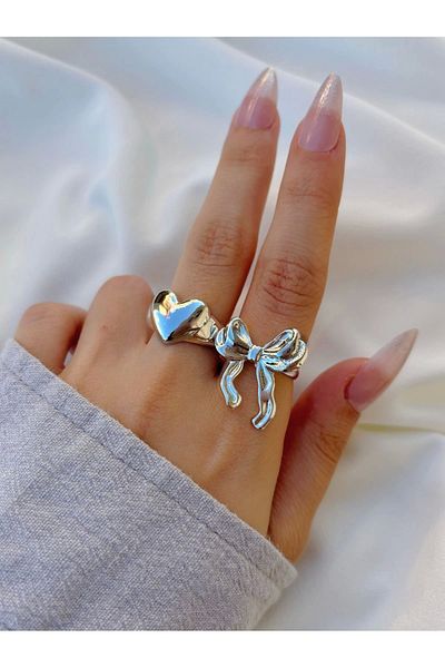 Eylülün Takısı Women's Silver Color Adjustable 2-Piece Bow Heart Ring