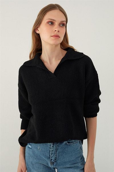SHERIN Pulover negru tricotat cu gât polo