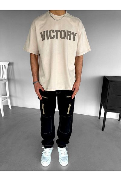 ablukaonline Μπεζ Χρώμα - Ανδρικό T-shirt 'Victory' Printed Stone