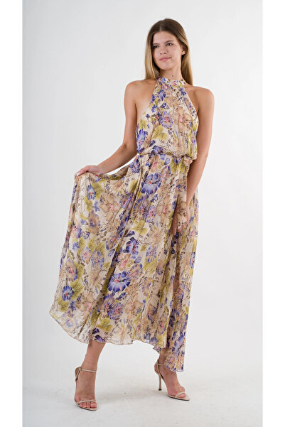 hazelin Kadın Mor Çicek Desenli Halter Yaka Kuşaklı Astarlı Uzun Elbise HZL24S-YY233