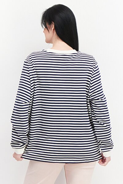 Tchibo Women Crew Neck Long Sleeve Stripe Sweatshirt, Navy