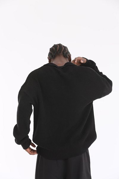 The Champ Clothing Tricotaj tricotat cu gât polo, cu nervuri, pulover supradimensionat pentru bărbați