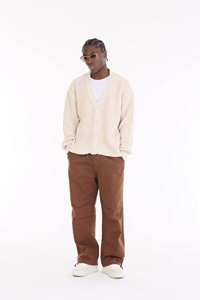 The Champ Clothing V-Neck Oversize Buttoned Ecru Knitted Knitwear Cardigan