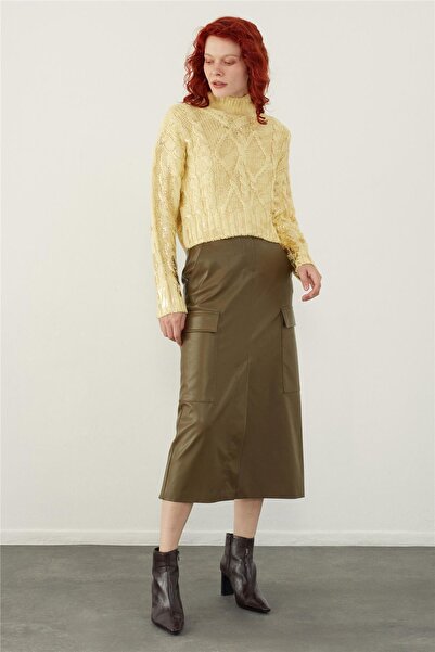 SHERIN Sarı Dik Yaka Varak Baskılı Triko Kazak