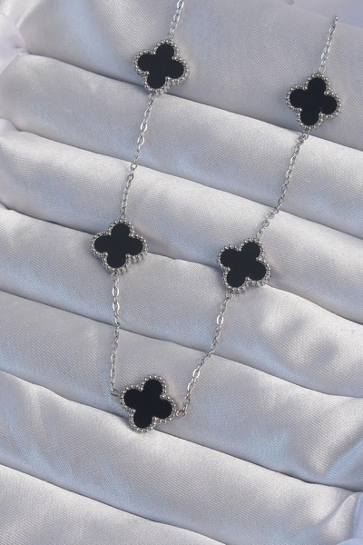 Clariss 316L Steel Silver Color Black Enamel Clover Necklace