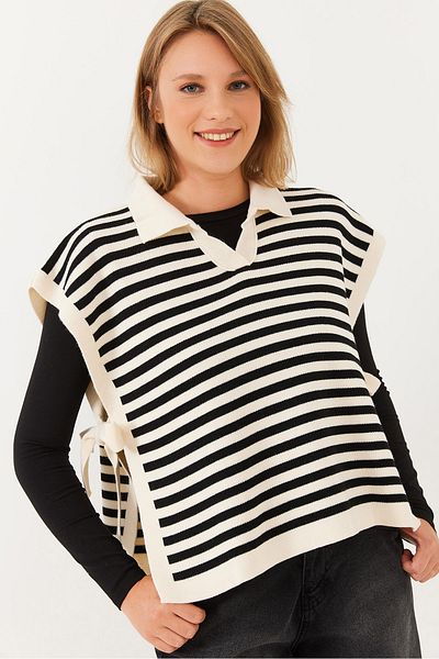 Bianco Lucci Women's V-Neck Side Lace-Up Striped Knitwear Sweater 60251814