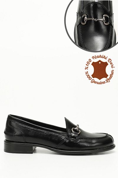 GÖNDERİ(R) Women's Black Patent Leather Buckle Genuine Leather Loafer Shoes