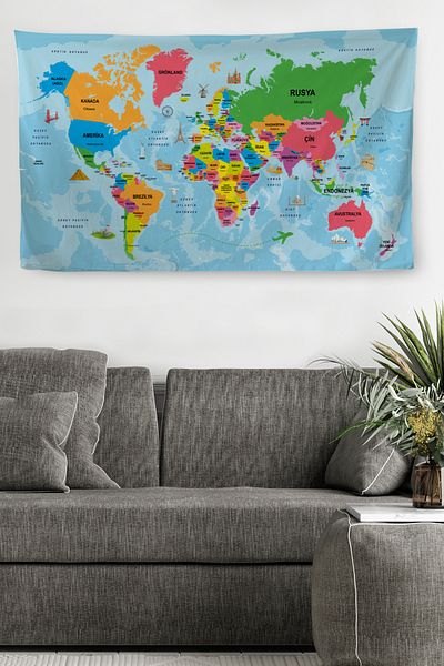 GLOBELUX Wall Cover / Carpet Detailed Current Turkish World Map Quality Canvas Fabric-3976