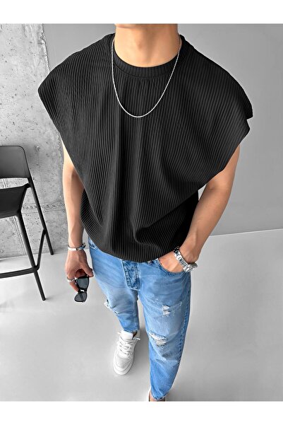 ablukaonline Μαύρο ανδρικό αμάνικο μπλουζάκι Oversize με ραβδώσεις