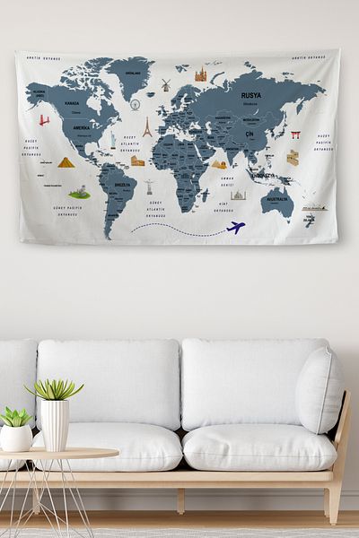 GLOBELUX Wall Cover / Carpet Detailed Current Turkish World Map Quality Canvas Fabric-3975