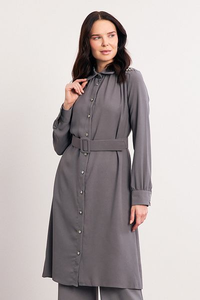 VAVİNOR Gray Belted Shoulder Stone Tunic