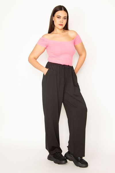 Şans Women's Large Size Black Waist Elastic and Lace Detailed Pocket Sports Trousers 65n30940