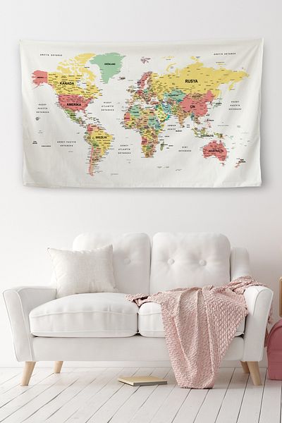 Lasirius Wall Cloth, Turkish Current World Map with Carpet Detail, Quality Canvas Fabric