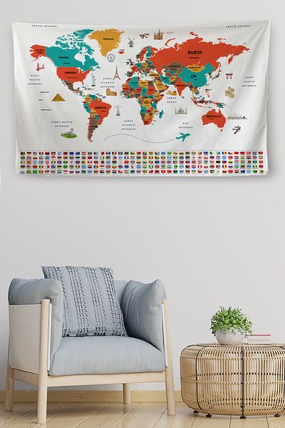 GLOBELUX Wall Cover Flag Detailed Turkish Current World Map Canvas Wall Tapestry-4048