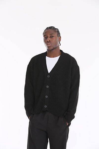 The Champ Clothing V-Neck Oversize Buttoned Black Knitted Knitwear Cardigan