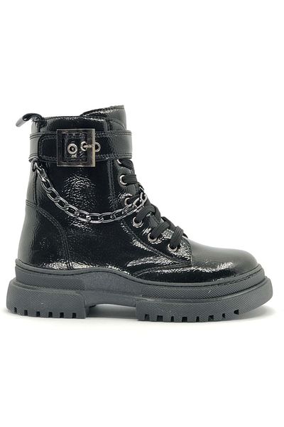 KCMN Aydindas Double Buckle Chain Λεπτομερείς κοριτσίστικες μπότες Μαύρο λουστρίνι
