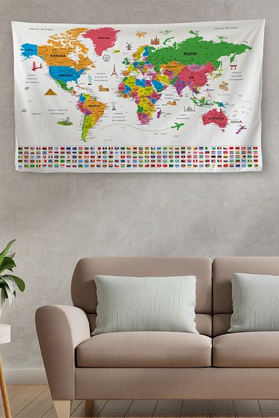 GLOBELUX Wall Cover Flag Detailed Turkish Current World Map Canvas Wall Tapestry-4052