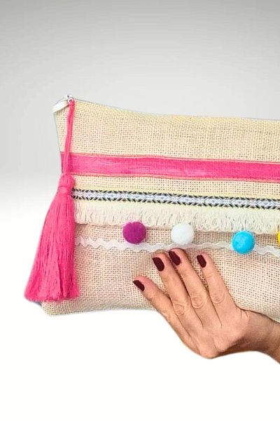 KRIMO Women's Jute Clutch Design Cloth Portfolio Handbag