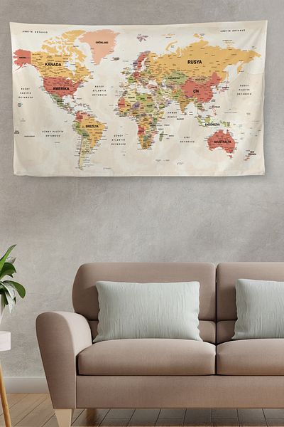 Lasirius Wall Covering, Current Turkish World Map with Carpet Detail, Quality Canvas Fabric