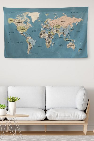 Lasirius Wall Covering, Current Turkish World Map with Carpet Detail, Quality Canvas Fabric