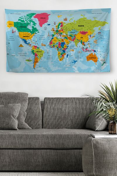 GLOBELUX Wall Cover Detailed Turkish Current World Map Canvas Wall Tapestry-4050