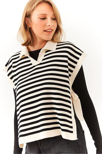 Bianco Lucci Women's V-Neck Side Lace-Up Striped Knitwear Sweater 60251814