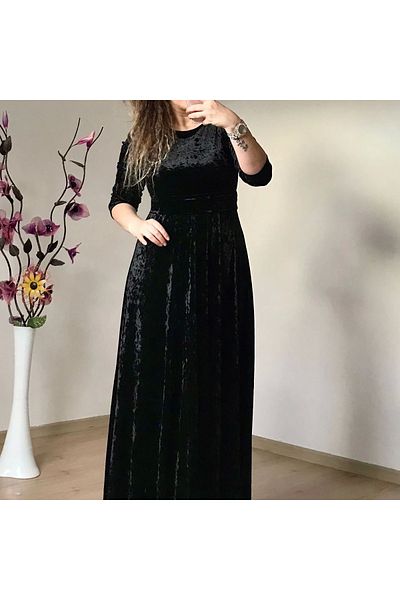 AZRA BUTİK Μαύρο Velvet - Φόρεμα Crew Neck