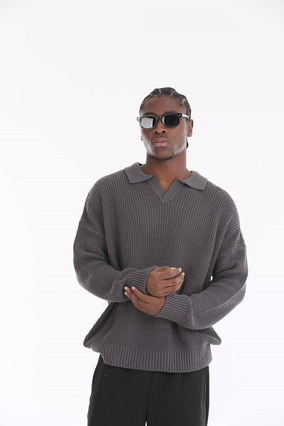 The Champ Clothing Πόλο Γιακά Πλεκτό Τριπούρ Ριγέ Γκρι Oversize Ανδρικό Πουλόβερ