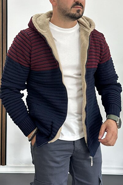 Edwox Чоловічий двоколірний трикотажний кардиган з капюшоном, хутром та блиск...