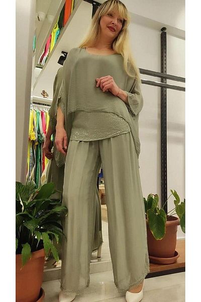 Bohem Stil Italian Bat Sleeve Sequined Silk Blouse Pants Set