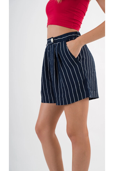 hazelin Navy Blue Striped Women's Shorts - Elastic Waist, Button Detail, Pocket Hzl24S-Yy277