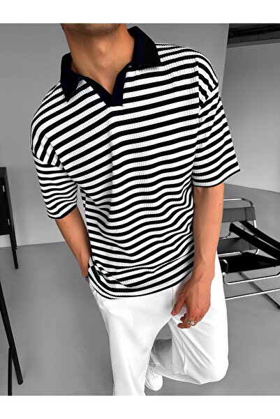 ablukaonline Ανδρικό μπλουζάκι Oversize Half Placket Polo Neck Ριγέ Λευκό - Μαύρο