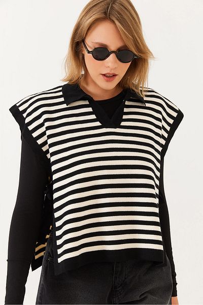Bianco Lucci Women's V-Neck Side Lace-Up Striped Knitwear Sweater 60251814