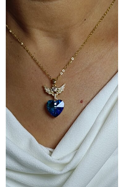 MENTAŞ Women's Necklace Blue Jewelled Angel Wings Yellow Chain Jewelry Jewel ...