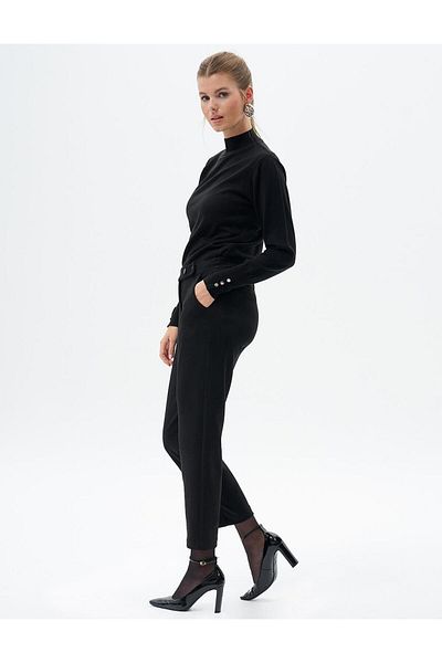 Kayra Black Suede Pants - Button Detailed