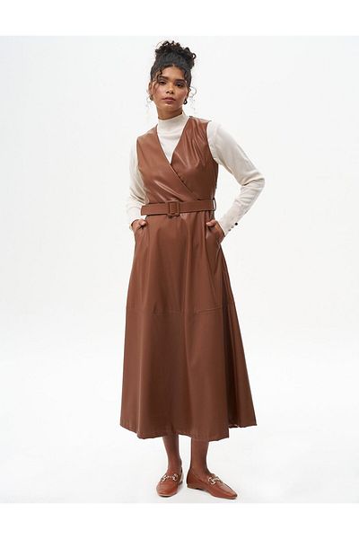 Kayra Camel Faux Leather Gilet - Λεπτομέρεια ζώνης