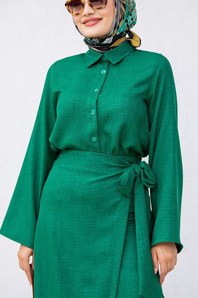 Tesettür Çarşım Emerald Linen Set - Wrap Skirt