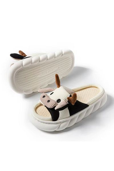 milyon shoes Cute Cow Design Linen Slippers (from Abroad)