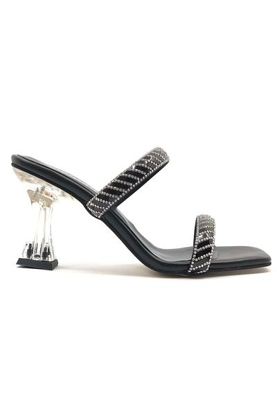 KOCAMANLAR Black Mehtap Women's Heeled Slippers - Thick Stripe and Stone Detail